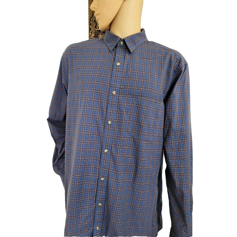 Rown Mens 2XT Blue & Orange Plaid Button-Up Shirt Long Sleeve 100% Cotton